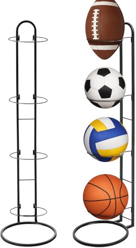 Ball Storage Rack 4Tier Metal Ball Stand 89.5X23cm Ball Lockers Vertical Holder Room Outdoor Sports Equipment Organiser Football Stand for Basketball Football Volleyball etc (4 Tier, Black)