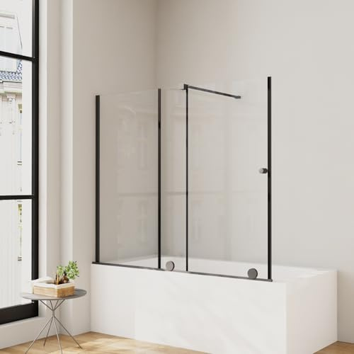 Badewannenaufsatz mit Schiebetür 125 x 120 cm Duschwand für Badewanne mit 6 mm Sicherheitsglas (ESG) Schwarz Duschabtrennung für Badewanne,Schiebetürbreite ist von 70-125 cm Einstellbar