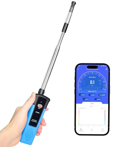 LYCEBELL 9100A Anémomètre à fil chaud sonde télescopique pour CVC industrie | Bluetooth App, mesure vitesse vent 1-90,5km/h, température, débit d'air faible CFM/CMM, rechargeable pour VMC et ventilation