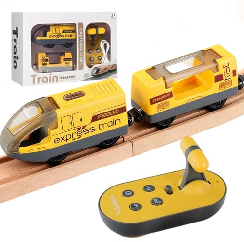 DAJASD Batteriebetriebener Lokomotivzug, Eisenbahn Elektrische Lok Holzeisenbahn Zug, Leistungsstarker Motorzug Kompatibel mit Thomas Kinder Lokomotive kompatibel für Kinder AB 3 Jahren(Gelb)