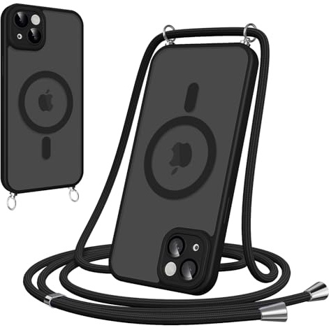 Pnakqil Magnetische Handyband mit Band für iPhone 15 Hülle -Necklace HandyHülle Durchscheinende mit Kameraschutz,justierbarer und Abnehmbarer Kette,Crossbody Magnet Cover,Schwarz