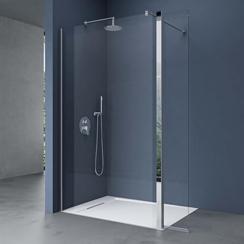 doporro Duschwand 110x200cm Walk-In mit 30cm Nebenteil, 10mm Duschabtrennung Bremen mit rundem Stabilisator, aus Echtglas ESG-Sicherheitsglas Klarglas inkl. Nanobeschichtung