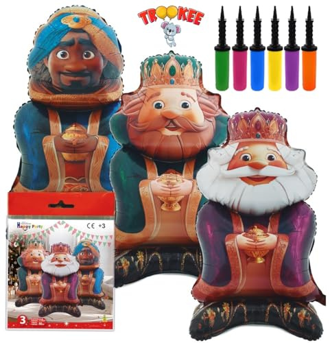 TROOKEE - Decoracion Navidad - Globos Reyes Magos Metalizados de 110 cm con Inflador Bidireccional Incluido - Pack 3 Globos: Melchor, Gaspar y Baltasar - Ideales Para Poner Junto al Árbol de Navidad