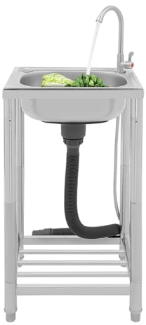 50kg freistehender Spültisch Edelstahl Spültisch mit 360° drehbarer Wasserhahn Garage Garten Camping Spüle Freistehende Einzelbecken-Spüle Edelstahl Küchenspüle,Innenmaße des Beckens: 34 x 29 x 17 cm