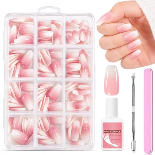 Press On Nails, Long Coffin False Nails with Glue, 240PCS, Gradient Pink | Fake Nails, Stick On Nails, 12 Sizes, Full Cover, Glossy Finish, French Ombre, ABS, File, Buffer, Pusher, French Ombre