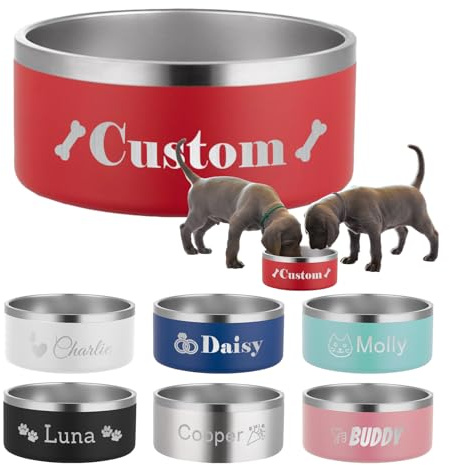 Gamelle pour Chien et Chat Personnalisée avec Nom, Gamelle en Acier INOX Gravée, Bol Anti-Dérapant pour Nourriture et Eau, Double Paroi pour Petits Moyens et Grands Animaux 470ml