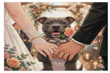 Wedding Theme Pitbull Dog Jigsaw Puzzles for Adults 1000 Piece, Marry Ceremony Blessings Wooden Puzzles, Couples Love Pattern Decorations for Home Entertainment
