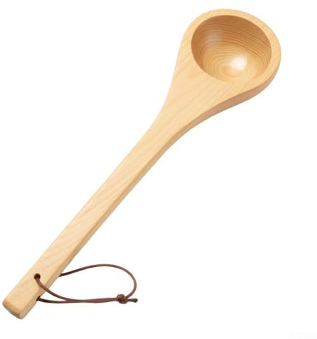Qualoramall Cedar Wooden Sauna Ladle 38 cm with Hanging Cord Heat Resistant Water Scoop for Sauna Bucket Steam Room Accessories Natural Wood Long Handle Spoon