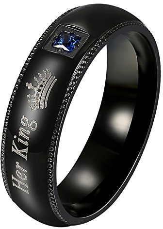 JewelryWe Schmuck Unisex Ringe Edelstahl Ring mit Her King Zirkonia Freundschaftsringe Eheringe Trauringe Verlobungsringe für Herren Schwarz, kostenlose Gravur, Größe 65