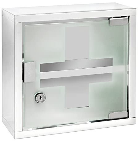 WENKO Armoire à Pharmacie 2 Niveaux avec Serrure | Armoire 1er Secours avec Fermeture avec clé | Porte en Verre sécurité satiné | Impression Croix | Acier INOX Brillant | 25 x 12 x 25 cm | Argent