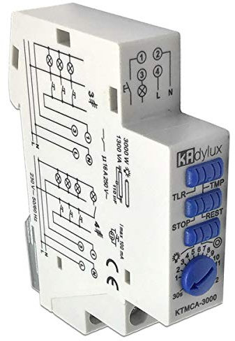 Kadylux Temporizador Telerruptor KTMCA-3000, Blanco, 3000W, 30seg-12min, Modo Rest y Stop, Luz Permanente, Ideal para Grandes Espacios