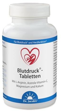 Dr. Jacob's Blutdruck Tabletten I für normalen Blutdruck¹, Herz² und Gefäße³ I mit pflanzlichem L-Arginin – 1200 mg pro Portion I mit Magnesium, Kalium, Acerola-Vitamin C, B1 + B12