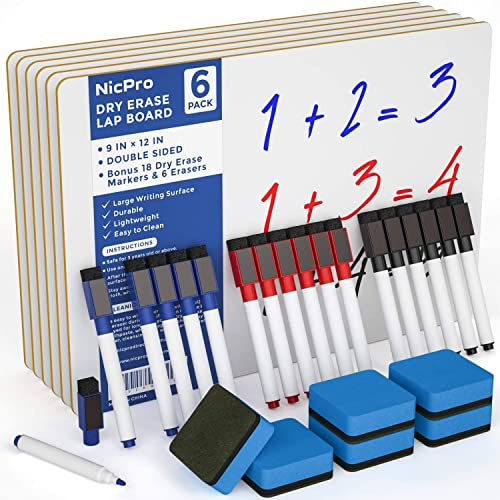 Nicpro 6 Pack Dry Erase Mini Whiteboard A4, 22 x 30 cm Double Sided Lapboard Bulk with 18 Water-Based Pens Erasers Learning Small White Board Portable Drawing Writing for Kid Student and Classroom Use