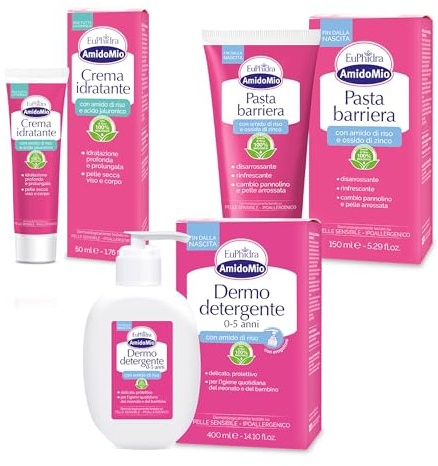 Euphidra - Kit Idratazione e Protezione Baby, con Pasta Barriera, Crema Idratante e Dermo Detergente, a Base di Amido di Riso e Acido Ialuronico, Lenitivo e Delicato per la Pelle dei Neonati