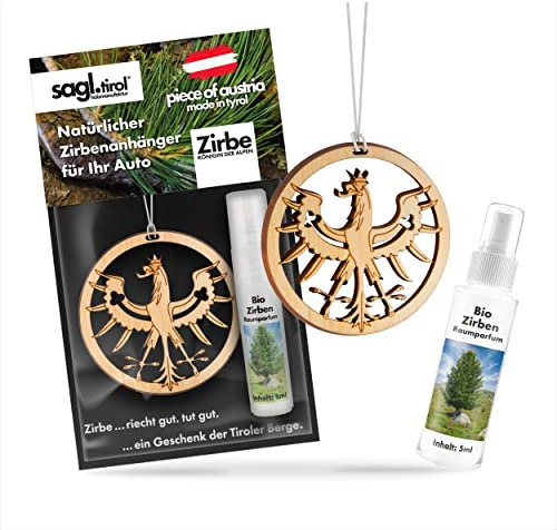 sagl.tirol Auto Duft aus Zirben Holz [100% Bio] inkl. Zirben Raum Parfüm 5ml I verschiedene Motive I natürlicher Auto Duftbaum I Auto Duft Innenraum I Auto Lufterfrischer I Autoduft I Tiroler Adler