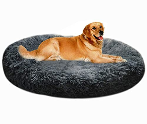 XXL Panier pour Chien Tissu Peluche,Anti Stress Lit Moelleux Rond pour Chat | Orthopedique XL Panier Chien Coussin pour Animaux Moyen Grand Taille,Lavable Tapis Puppy Gris foncé-100cm