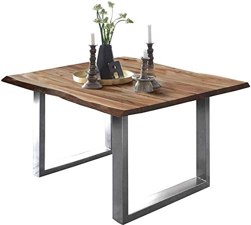 SAM Esszimmertisch 80x80 cm ULM, Baumkantentisch naturfarben, Akazienholz massiv, U-Gestell Edelstahl gebürstet