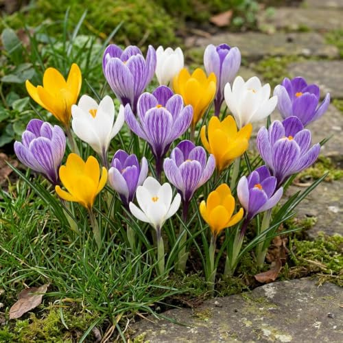 Botanische Krokusse Zwiebeln Winterhart Mehrjährig | 50 exklusive Blumenzwiebeln, Mix von 5 Sorten, Echte Pflanzen aus Holland, für Garten und Topf (kein Samen, nicht künstlich)
