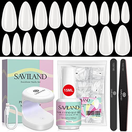 SAVILAND Gels Nail Kit Almond: Natural Nail Tips 500 Pcs and 4 In 1 Nail Glue Gel, U V/LED Nail Lamp Pre-shaped White Full Cover False Nails for Acrylic Nail Kit Nail Art DIY Salon At Home Gift