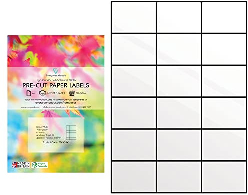 Evergreen Goods A4 Vorgeschnittenes Selbstklebendes Papier | 30 Blatt | Weiße Hochglanz-Etiketten, Starke Selbstklebende Rückseite | Für Tintenstrahl & Laserdrucker | 18 pro A4 (3x6), insgesamt 540