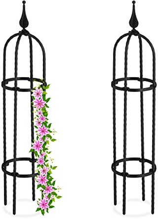 Relaxdays Rankhilfe Obelisk, 2er Set, 70 cm hoch, Ranksäule für Kletterpflanzen, Metall, freistehend, Rosenturm, schwarz