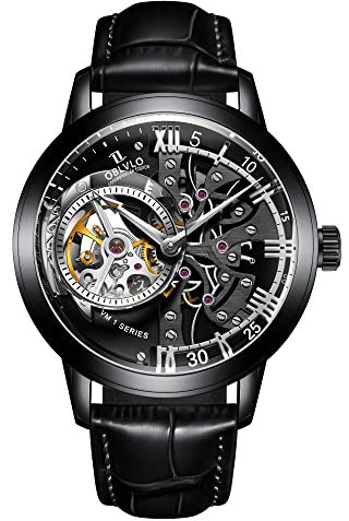 OBLVLO Retro Sport Men Skeleton Automatic Watch Mechanical Calfskin Strap Mineral Crystal Glass Waterproof Clock Dial 45mm VM (VM-BBSB)