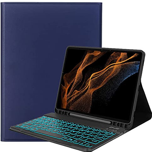 YHFZR Tastatur Hülle für Samsung Galaxy Tab S8 Ultra, [Deutsches QWERTZ] Slim Hülle mit 7 Farben Beleuchtung Kabellose Tastatur mit Schützhülle für Samsung Tab S8 Ultra 14,6'' X900/X906, Blau-A