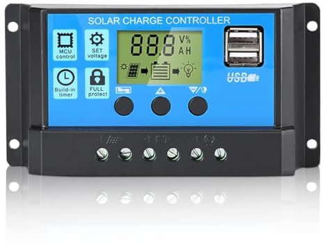 Anern 30A Solar Laderegler 12V/24V Solar Ladegerät Controller Solarpanel Batterie Intelligente Solarregler PWM mit 5V Dual USB Port LCD Anzeige