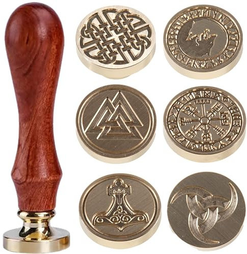 Lot de 6 cachets de cire en forme de nœud celtique - Grande taille : 3,5 cm chacun - Noyer, Vegvisir, Odin, marteau de Thor, nœud de loup, nœud de bouclier
