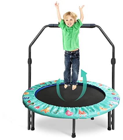 Trampolin für Kinder, Ø ca 92cm Mini-Trampolin Faltbar mit Abnehmbarer und Verstellbarer Griff,Sicherem Polster, Gartentrampolin Indoor Outdoor für Kinder von 3+(Grün)