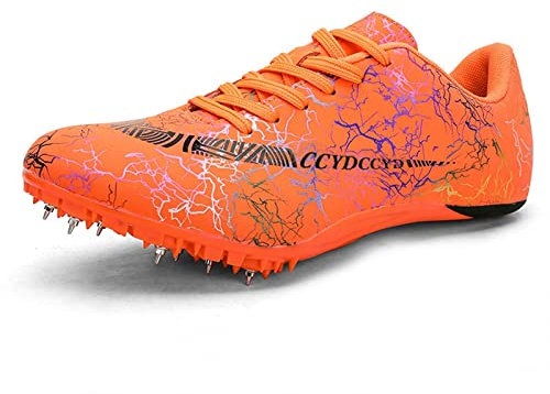 SDEQA Zapatillas de Clavos Atletismo Unisex, Zapatos con Clavos Antideslizantes Ligeras Atletismo para Velocidad Sprint,Naranja,40 EU