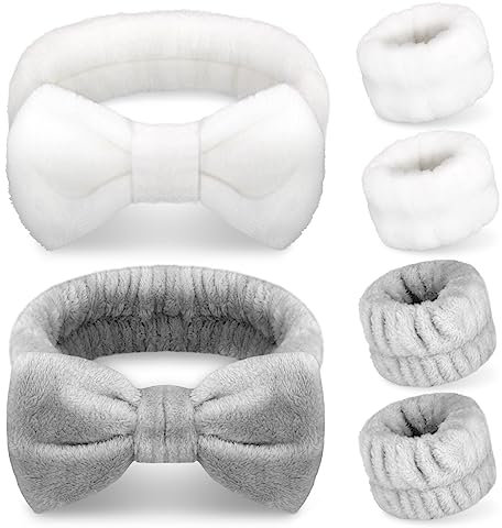 Spa Gesicht Stirnband 6 Stück,Bowknot Make Up Haarband,Elastisch Handgelenk Waschband,Coral Fleece Makeup Haarbänder Elastic,Flauschiges Beauty Haarband für Frauen Gesichtswaschen Dusche Sport