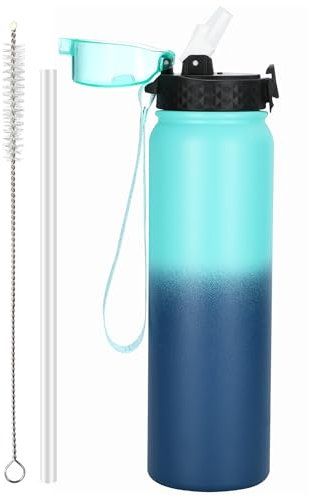 OLDLEY Stainless Steel Water Bottle with Straw 1L Vaccum Insulated Large Drink Flask Metal Water Bottles 1 Litre Leakproof Keep Drinks Hot Cold for Bike Sports Gym Adult Women Men(Green Blue, 1 Lid)