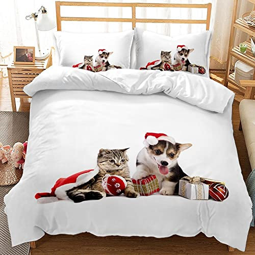 ZZXHG Bettwäsche 135x200 Mikrofaser 3teilig WeißEs Tier Hund Weihnachten, Wendemotiv Bettbezug 135 x 200 2er Set mit 80x80 cm Kissenbezug, Weiche Kinderbettwäsche Für Einzelbett mit Reißverschluss