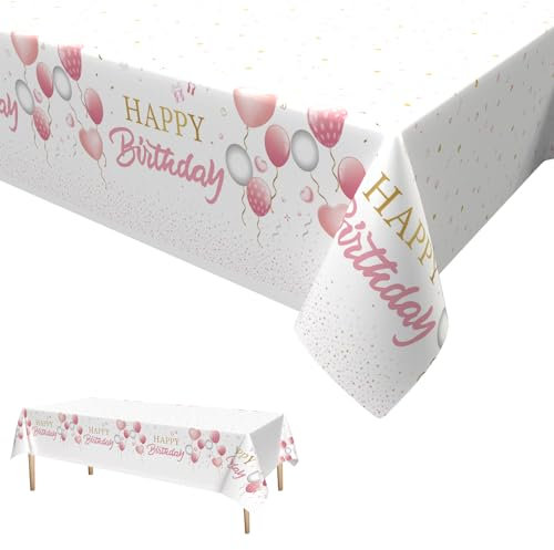 Rosa Weiß Geburtstag Tischdecke,Happy Birthday Tischdecken Rosa Einweg Rechteck Wasserdicht Tischtuch Rosa Party Deko für Mädchen Kindern Babyparty Hochzeit Dekorationen 137 x*274cm