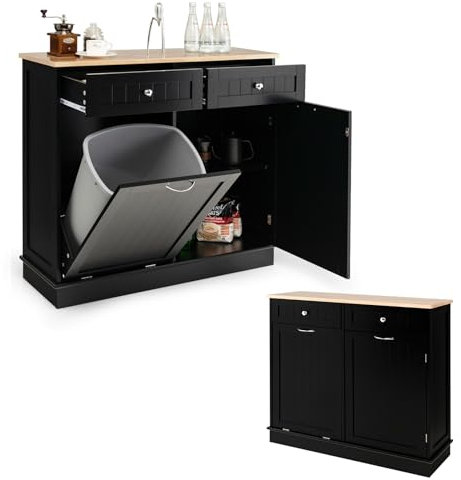 KOMFOTTEU Buffet de Cuisine, Armoire avec Support pour Poubelles 42 L, Meuble en Bois de Caoutchouc avec 2 Tiroirs et Étagère réglable, Meuble Commode pour Poubelle, 100 x 35 x 90,5 cm (Noir)