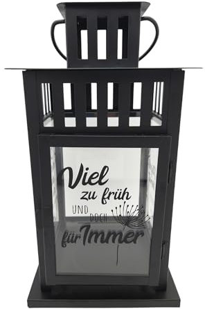 Kilala Trauer Laterne Outdoor, Grablicht personalisiert, Trauerlicht 28 cm, Gedenklicht für Verstorbene mit Schriftzug (schwarz Viel zu früh)
