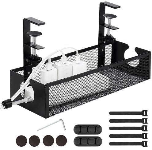 iNextStation Under Desk Cable Management Tray, No Damage Organiser With Clamp for Wire Management, No Drill Cable Tidy Box for Office Home, Black Upgraded