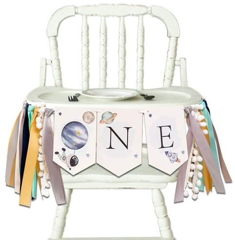 VANGNING First Trip Around the Sun One Birthday Highchair Banner - Outer Space Planets High Chair Banner, Astronaut Rocket 1st First Birthday Boy High Chair ONE Banner Party Decor