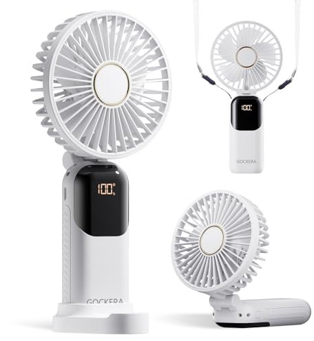 GOCKERA Ventilateur portable, 4200 mAh, fonctionnement à piles, 5 vitesses et affichage numérique, ventilateur de maquillage pour femme avec base, ventilateur portable 3 en 1 pliable à 180°,