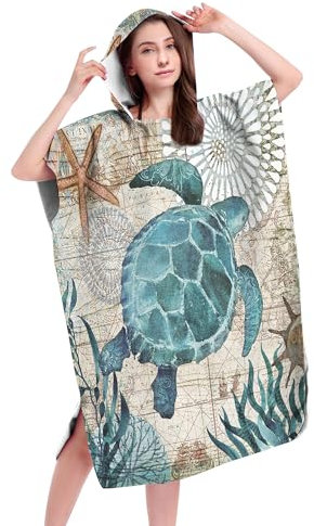 JORAKI Strandtuch Poncho, Surf Poncho Damen Herren, Mikrofaser Handtuch Erwachsene Ozean Tier Drucken Badetücher Badeponcho mit Kapuze Umziehhilfe Schnelltrocknend Bademantel Badehandtuch