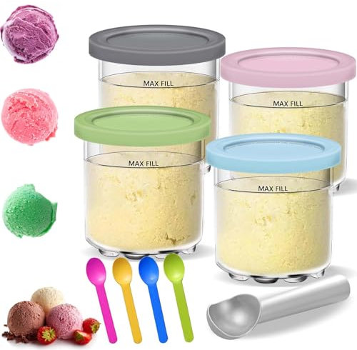 Creami Behälter für die Ninja Creami Eismaschine,Ice Cream Pints Beche mit Bunte Löffel-4Pcs+Eisportionierer,Eisbehälter für Speiseeis,Creami Tubs,Ninja Eisbehälter für NC301 NC300 NC299AMZ-Serie
