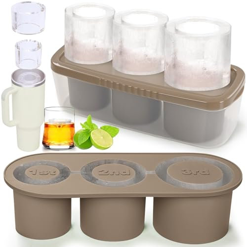 Alishomtll Eiswürfelform Silikon für Stanley Cup, 3 Fach Thermobecher Eiswürfelbehälter, Eiswürfelschale mit Deckel, für 20-40 oz Stanley Becher Whisky Kaffee Tassen, Braun 28x11x8cm