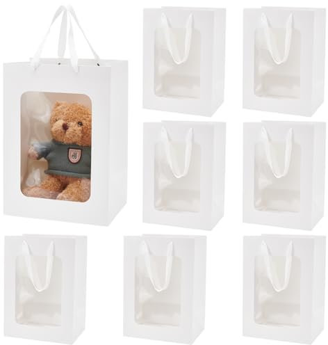BENECREAT Confezione Da 8 busta di Carta Kraft Bianca con Finestra Trasparente, Sacchetto Regalo Da 35x25x18 cm con Manici per Il Compleanno, Matrimonio, Partito, Anniversario