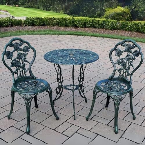 Home Source Rose Garden Patio Outdoor Bistro Set Table and 2 Chairs Metal Garden Furniture, Green
