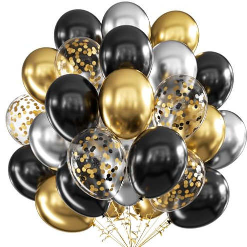 Luftballons Schwarz Gold Silber, 60 Stück 12 Zoll Schwarz Latex Luftballons Metallic Gold Silber Luftballons mit Konfetti Party Ballons, Party Dekoration Luftballon für Geburtstag Hochzeit Babyparty