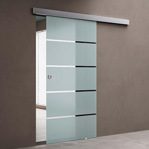 doporro Glasschiebetür Komplettset 77,5 x 205 cm | 15mm Wandabstand | Schiebetür mit ESG-Sicherheitsglas | Zimmertür Glas mit 5-Milchglas-Streifen und Muschelgriff | Amalfi-plus 11