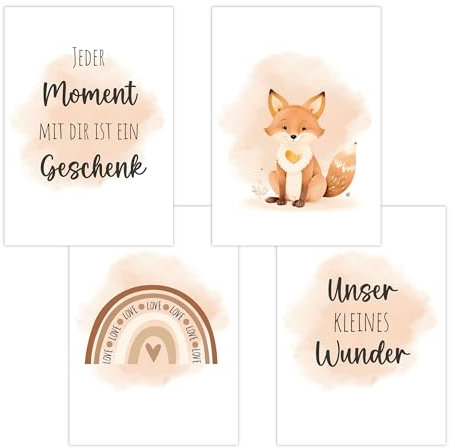 4er Set Baby DIN A3 Bilder mit Fuchs, Regenbogen und Sprüchen, Poster mit Tiermotiv für Babyzimmer, 200g/m² Papier, Kinderzimmer Wanddeko, für Bilderrahmen, Dekoration für Jungen & Mädchen, Beige