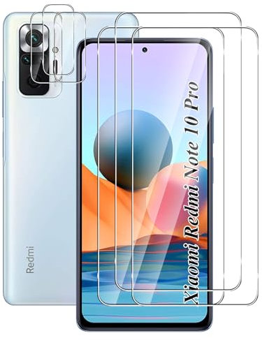 FWKDWHPH 3 Piezas Vidrio Templado compatible con Xiaomi Redmi Note 10 Pro y 3 Piezas Protector de Lente de cámara,Dureza 9H, Antiarañazos, Sin Burbujas,HD Protector de pantalla