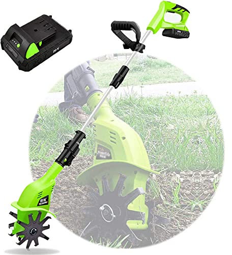 Tiller Rotavator Cordless, Motozappa Elettrica Portatile da 20V con Batteria Ricaricabile e Caricatore, Manico Regolabile 97-127cm, Coltivatori a mano per giardini e campi